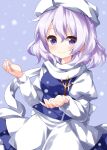  1girl apron bangs blue_background blue_skirt blue_vest closed_mouth eyebrows_visible_through_hair highres letty_whiterock looking_at_viewer medium_hair polearm puffy_sleeves purple_hair ruu_(tksymkw) scarf shirt simple_background skirt smile snow snowing solo standing touhou trident vest violet_eyes waist_apron weapon white_apron white_headwear white_scarf white_shirt 