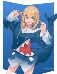  artist_logo artist_name blonde_hair blue_background blue_eyes blue_hoodie border claw_pose cosplay cowboy_shot drawstring fish_tail gawr_gura gawr_gura_(cosplay) hands_up harmhaunters highres hololive hololive_english hood hood_down hoodie looking_to_the_side medium_hair no_pants open_mouth shark_tail simple_background tail watson_amelia white_border 