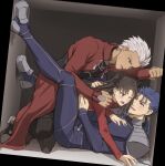  2boys archer black_bodysuit black_footwear black_pants black_ribbon blue_bodysuit blue_hair blush bodysuit brown_hair brown_legwear commentary_request cu_chulainn_(fate)_(all) dark_skin dark_skinned_male earrings fang fate/stay_night fate_(series) grey_hair hair_ribbon hand_on_another&#039;s_chest highres jewelry kneeling lancer legs_up long_hair looking_at_another lying mondi_hl multiple_boys on_back one_eye_closed pants ponytail red_eyes red_sweater ribbon sandwiched shoes short_hair smile spiky_hair sweatdrop sweater tohsaka_rin 