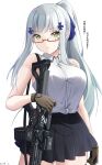  1girl alternate_costume alternate_hairstyle assault_rifle bare_shoulders breasts commentary_request eyewear_on_head girls_frontline green_eyes gun h&amp;k_hk416 high_ponytail highres hk416_(girls_frontline) keenh large_breasts long_hair object_namesake pleated_skirt rifle sidelocks silver_hair simple_background skirt solo teardrop_tattoo translation_request very_long_hair weapon white_background 