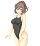  1girl black_swimsuit blue_eyes brown_hair commentary_request competition_swimsuit cowboy_shot hair_between_eyes highres impossible_clothes impossible_swimsuit kantai_collection long_hair montemasa one-piece_swimsuit open_mouth sheffield_(kantai_collection) simple_background solo standing swimsuit white_background 
