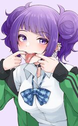  1girl absurdres bangs blunt_bangs blush bow bowtie choker collarbone collared_shirt diagonal_bangs earrings eyebrows_visible_through_hair highres idolmaster idolmaster_shiny_colors jacket jewelry looking_at_viewer loose_bowtie medium_hair mouth_pull multiple_earrings nail_polish open_mouth piercing purple_hair school_uniform shirt simple_background solo spiked_choker spikes tanaka_mamimi tokufumi tongue tongue_out tongue_piercing twintails violet_eyes white_background 