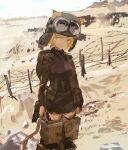  1girl :/ absurdres animal_ears barbed_wire battlefield blonde_hair blurry brown_eyes cat_ears cat_tail desert faux_traditional_media freckles goggles goggles_on_head goggles_on_headwear head_tilt helmet highres kabuyama_kaigi looking_to_the_side military military_uniform short_hair sketch sky smoke solo striker_unit tail uniform world_witches_series 