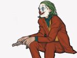  1boy arthur_fleck black_eyes clown collared_shirt commentary_request facepaint finger_on_trigger formal green_hair green_shirt grey_background grin gun handgun highres holding holding_gun holding_weapon invisible_chair jacket joker_(2019) kondate_(inugrm) long_sleeves looking_ahead m1911 male_focus medium_hair messy_hair nose open_mouth orange_vest pants pistol pleated_pants red_jacket red_pants revolver shirt simple_background sitting smile solo suit teeth the_joker trigger_discipline vest weapon 