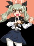  1girl :d anchovy_(girls_und_panzer) anzio_school_uniform bangs belt black_belt black_cape black_neckwear black_ribbon black_skirt cape character_name commentary_request cowboy_shot dress_shirt drill_hair eyebrows_visible_through_hair eyes_visible_through_hair girls_und_panzer green_hair hair_ribbon holding italian_text long_hair long_sleeves looking_at_viewer miniskirt necktie oosaka_kanagawa open_mouth pantyhose pleated_skirt red_background red_eyes ribbon riding_crop school_uniform shirt skirt smile solo standing twin_drills twintails v-shaped_eyebrows white_legwear white_shirt wing_collar 