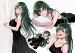  1girl armpits ass bare_arms bare_shoulders black_dress blush breasts closed_eyes collarbone commentary curtains dress earrings eyebrows_visible_through_hair fire_emblem fire_emblem:_the_blazing_blade green_eyes green_hair hand_up jewelry lips long_hair looking_at_viewer lying lyn_(fire_emblem) medium_breasts multiple_views on_back on_stomach one_eye_closed open_mouth ormille pillow pillow_hug see-through shiny shiny_hair simple_background sleepy sleeveless smile upper_body yawning 
