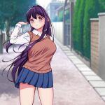  1girl artist_name bangs blue_skirt blurry blurry_background brown_vest commentary day doki_doki_literature_club frown hair_between_eyes hair_ornament hairclip hand_up highres kanarin6 long_hair long_sleeves looking_at_viewer outdoors pleated_skirt purple_hair school_uniform shirt skirt solo very_long_hair vest violet_eyes white_shirt wing_collar yuri_(doki_doki_literature_club) 