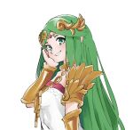 1girl aqua_eyes armlet bangs bracer circlet green_hair grin hand_on_own_cheek hand_up jewelry kid_icarus long_hair looking_at_viewer neck_ring necklace nishikuromori palutena parted_bangs simple_background smile solo straight_hair strapless upper_body very_long_hair white_background 