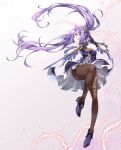  1girl bare_shoulders black_legwear double_bun dress dulldull frilled_dress frilled_skirt frilled_sleeves frills full_body genshin_impact gloves hair_bun hair_ornament high_heels highres holding holding_sword holding_weapon keqing_(genshin_impact) legs lightning looking_to_the_side purple_hair skirt solo sword thighs twintails violet_eyes weapon 