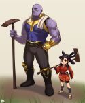  1boy 1girl :t avengers avengers:_endgame black_hair boots brown_background brown_eyes commentary_request hand_on_hip highres infinity_gauntlet jmg long_hair marvel purple_skin sakuna-hime signature simple_background standing tensui_no_sakuna-hime thanos 