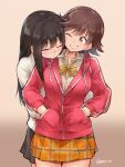  2girls black_hair blush brown_hair gojarun grin hands_in_pockets highres honda_mio hug hug_from_behind idolmaster idolmaster_cinderella_girls long_hair multiple_girls one_eye_closed shibuya_rin short_hair smile yuri 