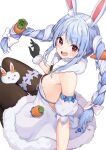  1girl :d absurdres animal_ear_fluff animal_ears bangs black_gloves black_leotard blue_hair blush bow braid breasts brown_legwear carrot_hair_ornament commentary_request detached_sleeves don-chan_(usada_pekora) dress eyebrows_visible_through_hair food_themed_hair_ornament fur-trimmed_dress fur-trimmed_gloves fur_trim gloves hair_bow hair_ornament highres hololive leotard long_hair looking_at_viewer looking_back multicolored_hair open_mouth pantyhose puffy_short_sleeves puffy_sleeves rabbit_ears racchi. red_eyes short_eyebrows short_sleeves simple_background small_breasts smile strapless strapless_dress strapless_leotard thick_eyebrows twin_braids twintails two-tone_hair usada_pekora very_long_hair virtual_youtuber white_background white_bow white_dress white_hair white_sleeves 