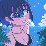  1girl bird black_bra blue_eyes blue_hair blush bra breasts clouds collarbone commentary_request cyclops earrings foreshortening grin jewelry limited_palette looking_at_viewer medium_breasts mntimccz ocean one-eyed original pixel_art portrait seagull sidelocks smile solo underwear upper_body 