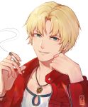  1boy absurdres artist_name bangs blonde_hair collarbone commentary_request eyebrows_visible_through_hair face fate/apocrypha fate_(series) genderswap genderswap_(ftm) green_eyes grin hands_up highres holding jacket jewelry kirra1808 long_sleeves looking_at_viewer male_focus mordred_(fate) mordred_(fate)_(all) necklace open_clothes open_jacket pendant portrait red_jacket shirt short_hair simple_background smile upper_body white_background 
