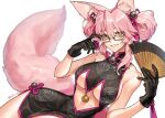  1girl adjusting_eyewear alternate_hairstyle animal_ears bangs bare_arms bare_legs bare_shoulders black_gloves bow breasts china_dress chinese_clothes commentary double_bun dress fan fate/grand_order fate_(series) fox_ears fox_tail g0ringo glasses gloves hair_bow hair_ornament hair_up holding holding_fan koyanskaya large_breasts looking_at_viewer lying midriff midriff_cutout on_side pink_bow pink_hair shiny shiny_hair side_bun sidelocks sleeveless sleeveless_dress smile solo tail twitter_username under_boob yellow_eyes 