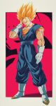  1boy baggy_pants biceps black_background blonde_hair blue_pants blue_sash boots border bure_(fantasticyouth7) closed_mouth commentary_request dougi dragon_ball dragon_ball_z earrings full_body gloves green_eyes hand_up head_tilt highres jewelry looking_at_viewer male_focus muscular muscular_male orange_shirt outside_border pants pectorals potara_earrings red_background sash shirt short_sleeves simple_background smile smirk solo spiky_hair standing super_saiyan super_saiyan_1 v-shaped_eyebrows vegetto white_border white_footwear white_gloves 
