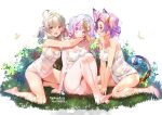  3girls animal_ears bare_arms bare_legs bare_shoulders barefoot character_request diona_(genshin_impact) dress feet genshin_impact green_hair klee_(genshin_impact) multiple_girls panties pointy_ears purple_hair qiqi red_eyes short_hair silver_hair skirt sydus toes underwear violet_eyes white_dress 