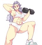  1girl abs arm_behind_head armpits bra breasts dorohedoro dumbbell earrings grey_hair jewelry large_breasts long_hair looking_at_viewer micro_shorts muscle muscular_female noi_(dorohedoro) parted_lips red_eyes rtil shoes shorts simple_background smile solo sports_bra underwear weightlifting white_background white_bra white_footwear white_shorts 