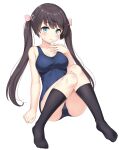  1girl :o azur_lane bangs bare_shoulders black_hair black_legwear blue_eyes blue_swimsuit blush bow breasts collarbone commentary_request eyebrows_visible_through_hair full_body glasgow_(azur_lane) hair_between_eyes hair_bow highres kneehighs knees_together_feet_apart long_hair looking_at_viewer medium_breasts one-piece_swimsuit pink_bow school_swimsuit sidelocks simple_background sitting solo sweat swimsuit twintails white_background yamasan 
