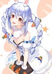  1girl :d animal_ear_fluff animal_ears bangs bare_shoulders black_gloves black_legwear black_leotard blue_hair blush bow braid carrot_hair_ornament commentary_request detached_sleeves don-chan_(usada_pekora) dress eyebrows_visible_through_hair food_themed_hair_ornament fur-trimmed_dress fur-trimmed_gloves fur_trim gloves hair_between_eyes hair_bow hair_ornament highres hololive hu_kotora leotard long_hair looking_at_viewer multicolored_hair open_mouth pantyhose puffy_short_sleeves puffy_sleeves rabbit_ears red_eyes short_eyebrows short_sleeves smile star_(symbol) strapless strapless_dress strapless_leotard thick_eyebrows twin_braids twintails two-tone_hair upper_teeth usada_pekora very_long_hair virtual_youtuber white_background white_bow white_dress white_hair white_sleeves 