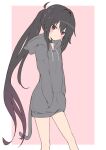  1girl amano_kouki animal_ears animal_hood bangs black_choker black_hair blush brown_hair cat_ears cat_hood cat_tail choker closed_mouth drawstring eyebrows_visible_through_hair fake_animal_ears fake_tail gradient_hair grey_hoodie hair_between_eyes hands_in_pocket head_tilt highres hood hood_down hoodie long_hair long_sleeves looking_at_viewer multicolored_hair note-chan original pink_background ponytail sidelocks smile solo standing tail two-tone_background very_long_hair violet_eyes white_background 