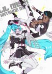  1boy 1girl abs absurdres alternate_costume aqua_eyes aqua_hair boots character_name crossover dark_skin facial_hair hatsune_miku highres jacket lil_nas_x long_hair looking_at_viewer microphone mustache open_clothes open_jacket oskar_vega real_life_insert skirt vocaloid white_background 