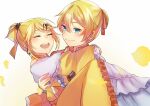  1boy 1girl allen_avadonia arms_around_neck aryuma772 blonde_hair blue_eyes bow brother_and_sister carrying choker closed_eyes dress evillious_nendaiki frilled_sleeves frills hair_bow hair_ornament hair_ribbon hairclip happy kagamine_len kagamine_rin open_mouth petals princess_carry ribbon riliane_lucifen_d&#039;autriche siblings smile twins vocaloid yellow_dress 
