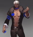  1boy abs belt blue_eyes blue_flower blue_rose chain commentary commission cowboy_shot dark_skin dark_skinned_male english_commentary flower frilled_sleeves frills fur-trimmed_jacket fur_trim gold_chain grey_background grin heterochromia highres jacket jouvru long_sleeves looking_at_viewer male_focus muscle open_clothes orange_eyes original pants pectorals rose shirtless simple_background smile solo symbol_commentary thick_eyebrows white_hair 