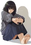  1girl barefoot black_hair blue_eyes blue_skirt closed_mouth fingers_together grey_sweater hair_ornament hands_together mattaku_mousuke medium_hair original pleated_skirt shadow shirt sitting skirt solo sweater sweatshirt white_background 