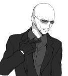  1boy adjusting_clothes adjusting_necktie bald blush closed_mouth commentary_request earrings final_fantasy final_fantasy_vii final_fantasy_vii_remake formal gloves greyscale hand_up highres jacket jewelry long_sleeves looking_away looking_to_the_side male_focus mondi_hl monochrome necktie rude_(ff7) shirt solo suit sunglasses upper_body wing_collar 