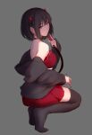  1girl bangs bare_shoulders black_hair black_jacket black_legwear breasts closed_mouth full_body grey_background highres horns jacket long_sleeves looking_at_viewer no_shoes off_shoulder original pleated_skirt red_eyes red_skirt shimmer short_hair simple_background skirt solo thigh-highs 