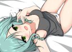  1girl :d bang_dream! bangs bare_arms bare_shoulders bed_sheet black_camisole blush bow bow_panties braid breasts brown_bow camisole commentary_request eyebrows_visible_through_hair green_eyes green_hair hair_between_eyes hair_bow hand_up hikawa_hina looking_at_viewer lying no_pants on_back open_mouth panties small_breasts smile solo sonosakiburi thigh_gap twin_braids underwear white_panties 