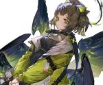  1girl animal_ears bangs brown_hair dutch_angle feathered_wings green_eyes green_jacket highres huge_filesize jacket long_sleeves multiple_wings nonokuro original short_hair solo upper_body white_background wings 