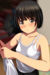  1girl absurdres bangs bare_arms bare_shoulders black_hair black_skirt blurry blurry_background blush breasts brown_eyes camisole closed_mouth collarbone commentary_request depth_of_field eyebrows_visible_through_hair highres holding looking_at_viewer matsunaga_kouyou nose_blush original short_hair skirt small_breasts solo upper_body white_camisole 
