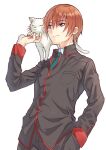  1boy black_pants brown_hair cat commentary_request commission cowboy_shot hand_in_pocket lennon little_busters!! male_focus mitsuyo_(mituyo324) natsume_kyousuke pants red_eyes school_uniform simple_background white_background 