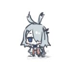  1girl animal_ears arknights bangs blue_eyes blush_stickers expressionless frostnova_(arknights) full_body hair_ornament hair_over_one_eye hairclip jacket long_hair looking_at_viewer rabbit_ears silver_hair silver_jacket simple_background solo sukima_(crie) white_background 