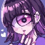  1girl blush commentary_request cyclops dutch_angle ear_piercing heart limited_palette looking_at_viewer lowres mntimccz nail_polish one-eyed open_mouth original piercing pink_eyes pink_nails pixel_art portrait purple_background purple_theme sidelocks simple_background solo violet_eyes 