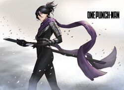  1boy absurdres black_bodysuit black_hair blue_eyes bodysuit debris eyebrows eyebrows_visible_through_hair facial_mark folded_ponytail highres katana male_focus markings ninja one-punch_man onsoku_no_sonic ponytail purple_scarf scarf sheath smile sword unsheathing weapon yngh2445 