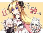  3girls ^_^ animal_ear_fluff animal_ears blonde_hair blue_eyes chibi closed_eyes dated detached_sleeves fox_ears fox_girl fur_trim grey_hair hair_between_eyes hands_together highres hololive horns lion_ears lion_girl long_hair looking_back multiple_girls nitumaruta off-shoulder_jacket open_mouth scared sheep_girl sheep_horns shirakami_fubuki shishiro_botan sparkling_eyes sweat sweating_profusely tsunomaki_watame virtual_youtuber white_hair 