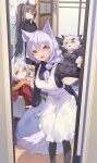  4girls animal_ears apron arknights braid fang food highres lappland_(arknights) large_tail multiple_girls nian projekt_red_(arknights) provence_(arknights) purple_hair silver_hair single_braid tail texas_(arknights) wolf_ears wolf_tail yellow_eyes 