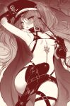  1girl bangs bare_shoulders bikini blush boots breasts cape chain collar collarbone epaulettes euryale fate/hollow_ataraxia fate_(series) gloves greyscale hat highres knee_up long_hair looking_at_viewer lying m-da_s-tarou micro_bikini monochrome navel on_back open_mouth peaked_cap riding_crop short_shorts shorts slit_pupils small_breasts stomach_tattoo swimsuit tattoo thigh-highs thigh_boots thighs twintails very_long_hair 