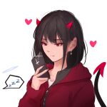  1girl absurdres bangs black_hair closed_mouth collarbone demon_girl demon_horns demon_tail earrings heart highres holding horns jacket jewelry nail_polish original red_eyes red_jacket shimmer simple_background solo tail upper_body white_background 