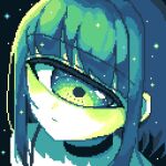  1girl bangs black_background black_choker blunt_bangs choker collarbone commentary_request cyclops expressionless foreshortening green_eyes green_hair green_theme limited_palette looking_at_viewer mntimccz one-eyed original pixel_art portrait sidelocks simple_background solo sparkle upper_body 