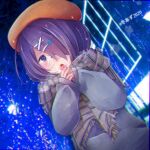  .live 1girl alternate_costume bespectacled dutch_angle glasses hair_ornament hairclip hands_together hat heavy_breathing highres kiso_azuki looking_at_viewer mitsuki_vt night open_mouth purple_hair scarf short_hair snow solo virtual_youtuber 