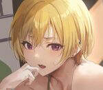  1girl bangs bare_shoulders blonde_hair blush camisole collarbone ear_piercing hair_between_eyes idolmaster idolmaster_shiny_colors looking_at_viewer open_mouth piercing saijou_juri short_hair sola_(solo0730) violet_eyes 