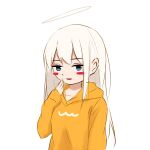  1girl bangs blue_eyes blush_stickers breasts grey_background halo hand_up highres hood hood_down hooded_sweater long_hair long_sleeves looking_at_viewer medium_breasts open_mouth orange_sweater original shimmer simple_background smile smug solo sweater upper_body 