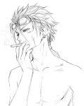  1boy cigarette collarbone earrings final_fantasy final_fantasy_vii final_fantasy_vii_remake goggles goggles_on_head greyscale hand_up highres jewelry male_focus mondi_hl monochrome reno_(ff7) shirtless simple_background sketch smoking solo upper_body 