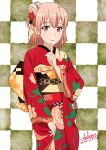  1girl bangs brown_hair checkered checkered_background closed_mouth commentary_request dated eyebrows_visible_through_hair floral_print flower hair_between_eyes hair_bun hair_flower hair_ornament hand_up index_finger_raised japanese_clothes kimono looking_at_viewer obi print_kimono red_eyes red_flower red_kimono sakayaya sash side_bun signature smile solo yahari_ore_no_seishun_lovecome_wa_machigatteiru. yuigahama_yui 