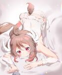  1girl absurdres ahoge arknights ass bangs bare_shoulders bed_sheet brown_hair closed_mouth commentary eyebrows_visible_through_hair eyjafjalla_(arknights) frilled_panties frilled_shirt frills gappt gradient_hair hair_between_eyes highres long_hair multicolored_hair no_shoes panties red_eyes redhead shirt sleeveless sleeveless_shirt smile solo tail thigh-highs top-down_bottom-up torn_clothes torn_sleeves underwear very_long_hair white_legwear white_panties white_shirt 