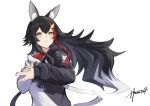  animal_ear_fluff animal_ears black_hair black_hoodie brown_eyes dated gradient_hair grey_hair hair_ornament hands_together highres hololive hood hoodie hz_(helu_2) looking_at_viewer multicolored_hair ookami_mio redhead smile streaked_hair two-tone_hoodie virtual_youtuber white_hoodie wolf_ears wolf_girl 